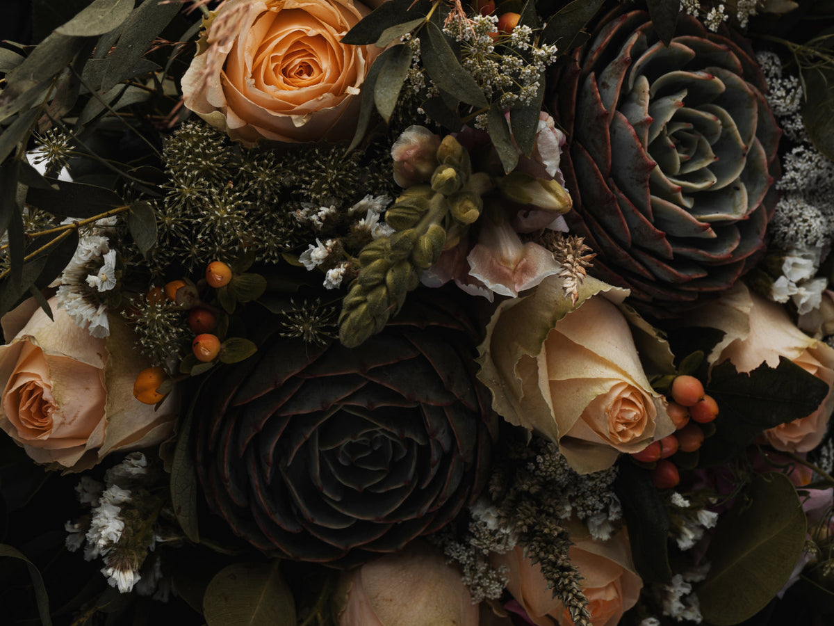 A moody autumn bouquet of peach roses, berries, and dried flowers against a dark background — the flowers of the night and the folklore behind autumn's most meaningful blooms