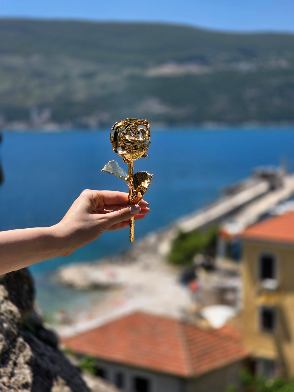Hand holding 24K gold dipped rose with scenic coastal town and sea view
