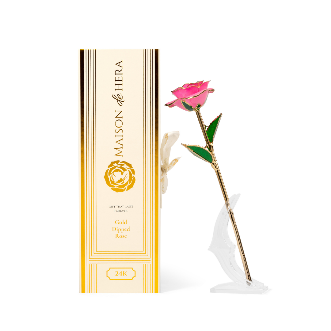 Maison de Hera Blanc box next to 24K gold dipped pink rose with green enamel leaves