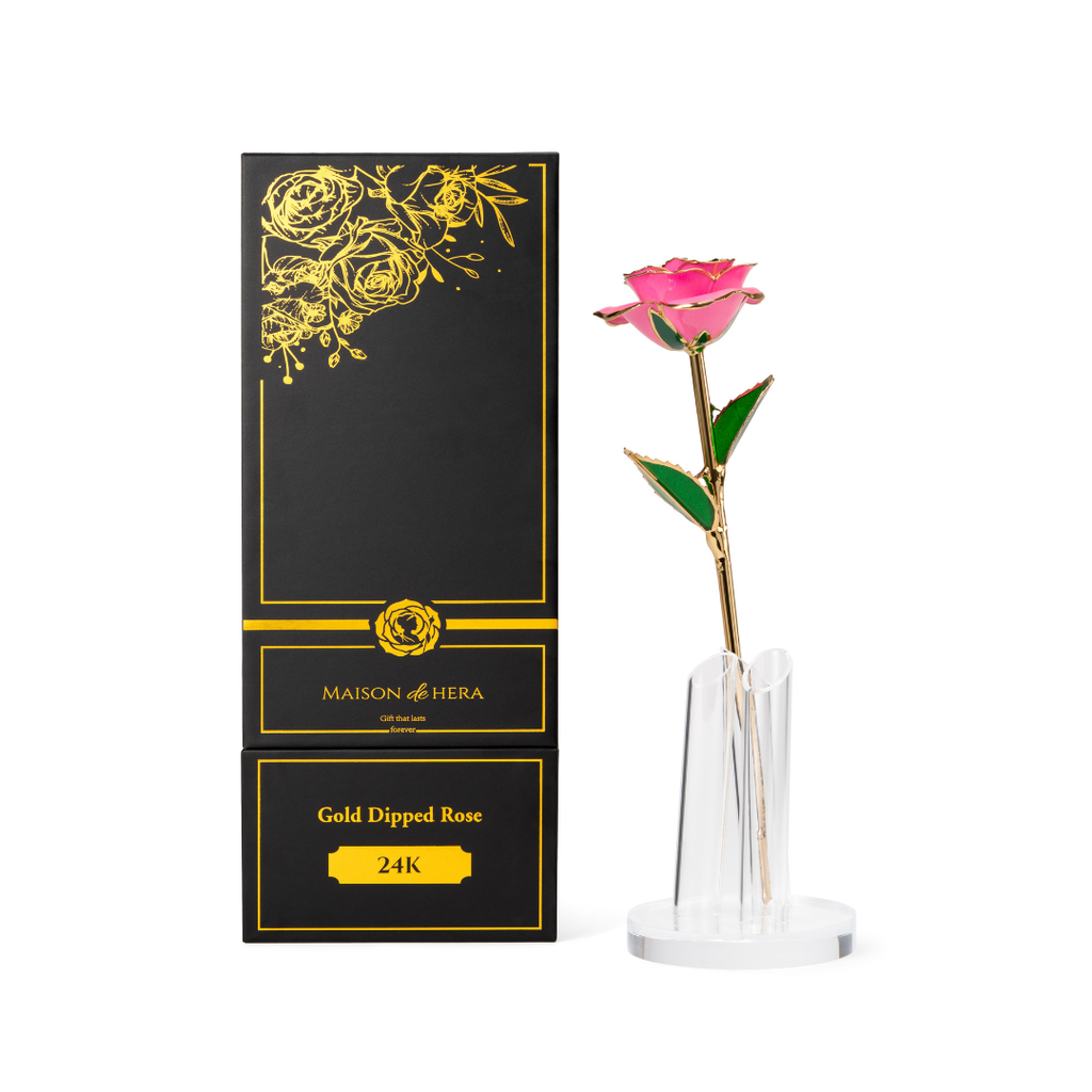 Maison de Hera Maison box next to 24K gold dipped pink rose with green enamel leaves