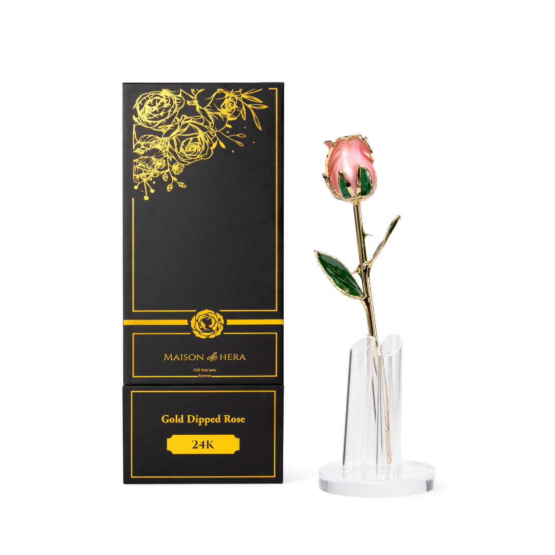 Maison de Hera Maison box next to 24K gold dipped pink rose with green enamel leaves, Elegante edition