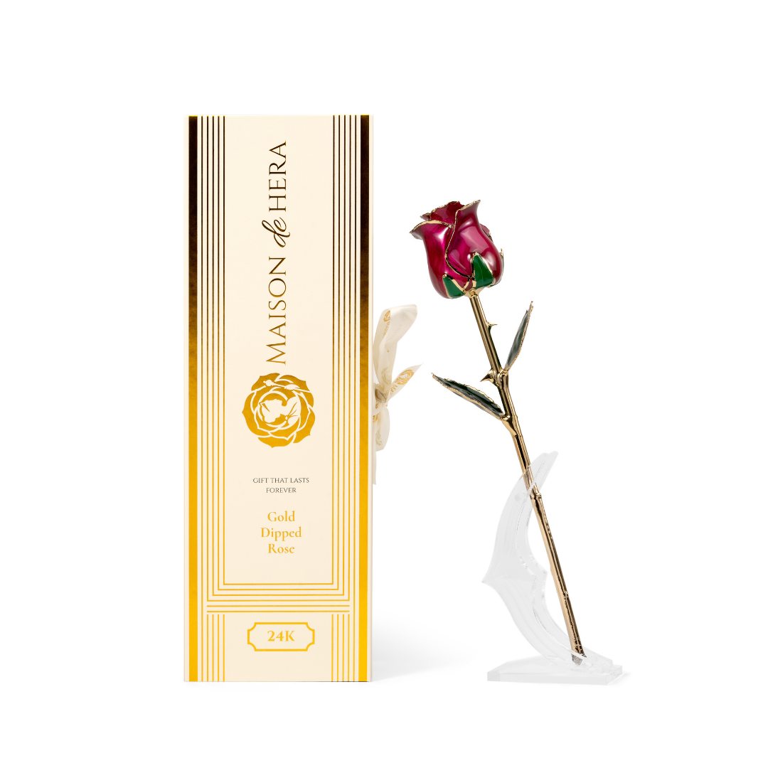 Maison de Hera Blanc box next to 24K gold dipped purple rose with green enamel leaves, Elegante edition