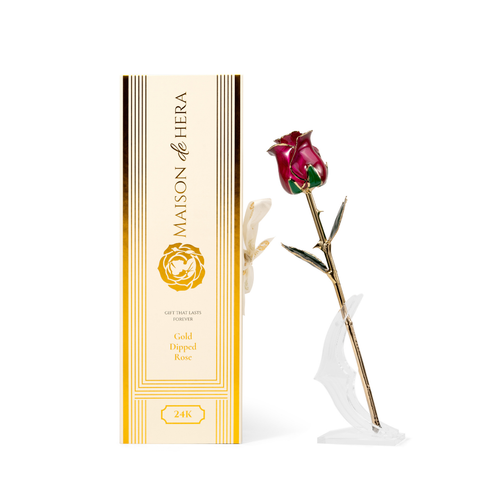 Maison de Hera Blanc box next to 24K gold dipped purple rose with green enamel leaves, Elegante edition