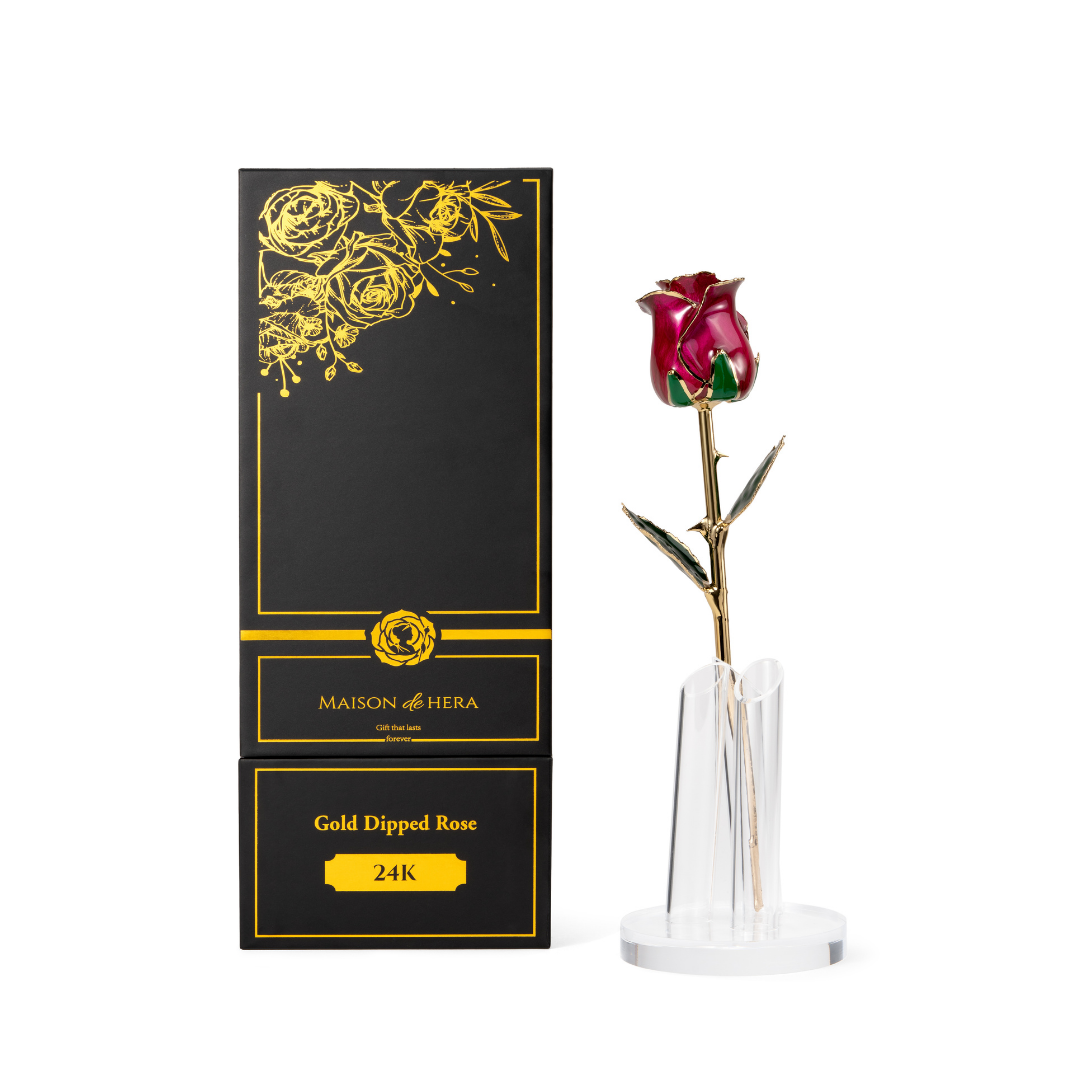 Maison de Hera Maison box next to 24K gold dipped purple rose with green enamel leaves, Elegante edition