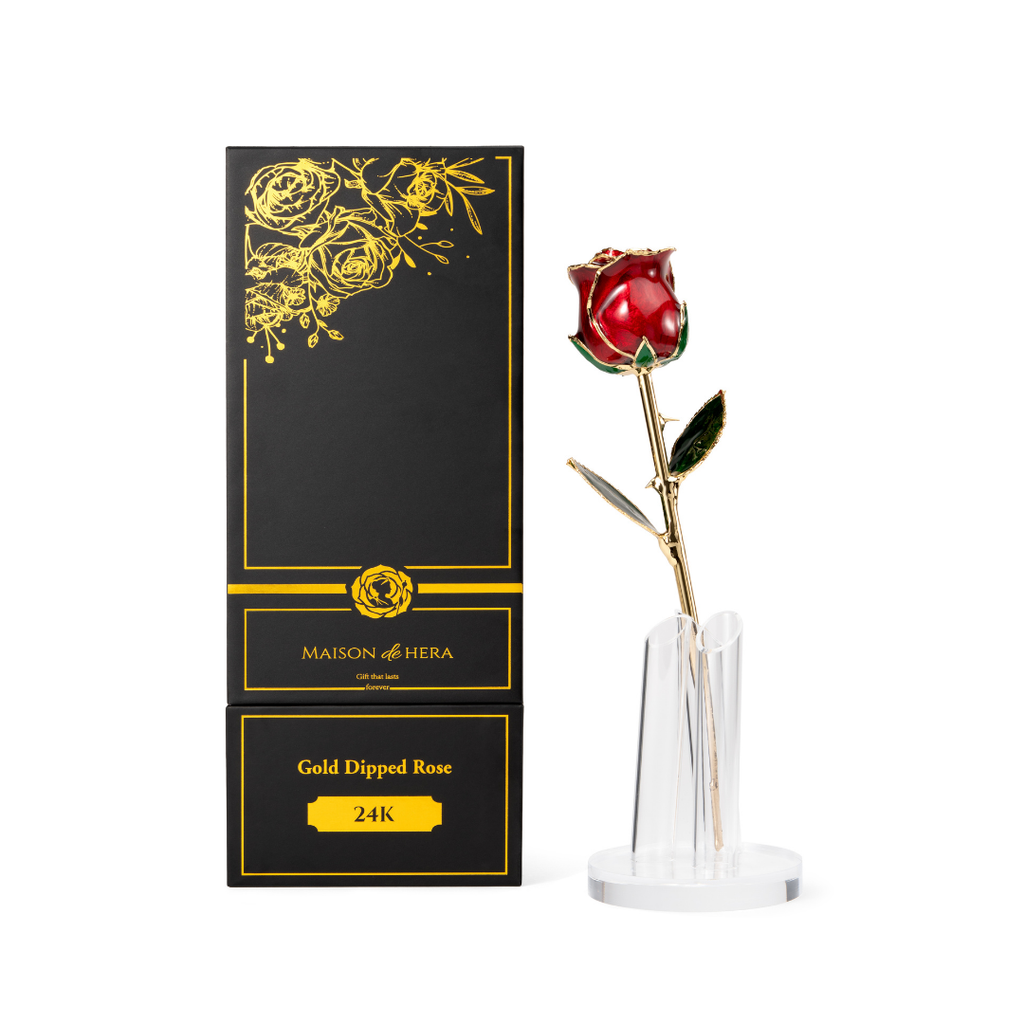 Maison de Hera Maison box next to 24K gold dipped red rose with green enamel leaves, Elegante edition