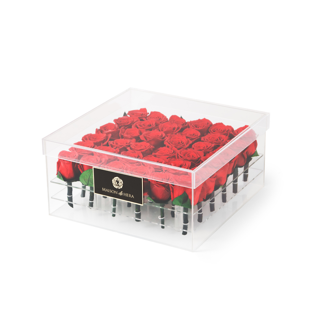 Maison de Hera large clear acrylic box filled with preserved red roses