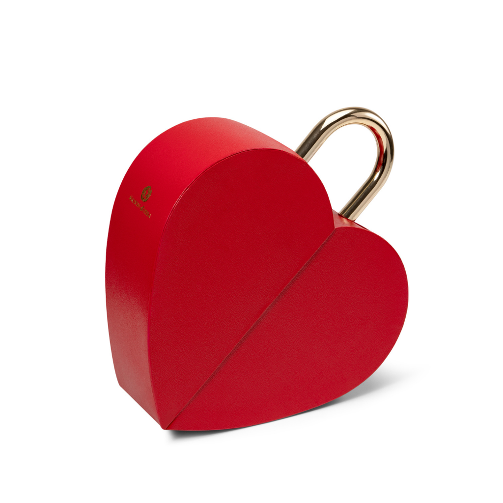 Maison de Hera closed red heart shaped gift box with gold padlock and gold logo