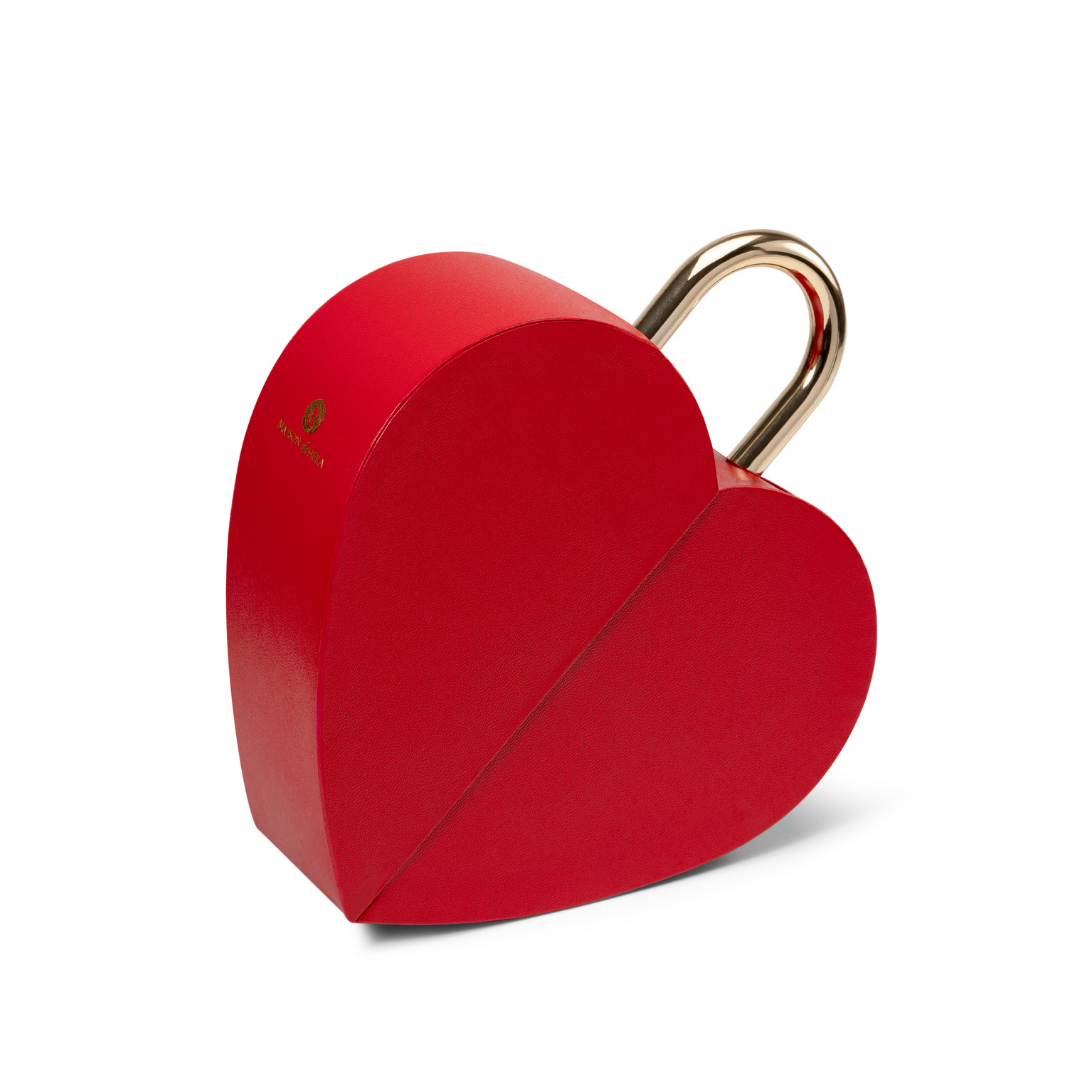 Maison de Hera closed red heart shaped gift box with gold padlock and gold logo