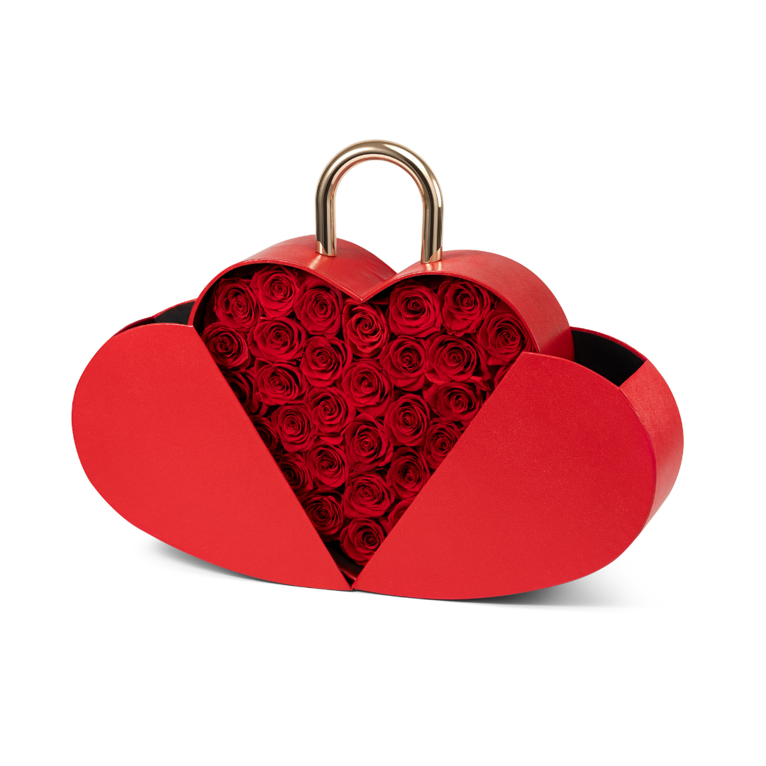 Maison de Hera open heart shaped gift box fully filled with preserved red roses