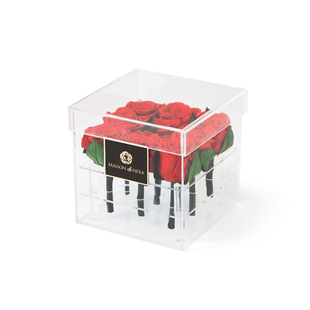 Maison de Hera Tender Box clear acrylic box with 9 preserved red roses