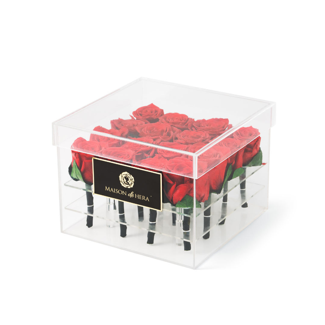 Maison de Hera Tender Box clear acrylic box with preserved red roses, front view