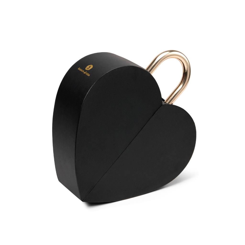 Open Heart Box Dubai closed black heart shaped gift box with gold padlock and gold logo