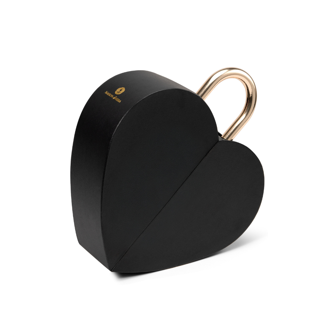 Open Heart Box Dubai closed black heart shaped gift box with gold padlock and gold logo