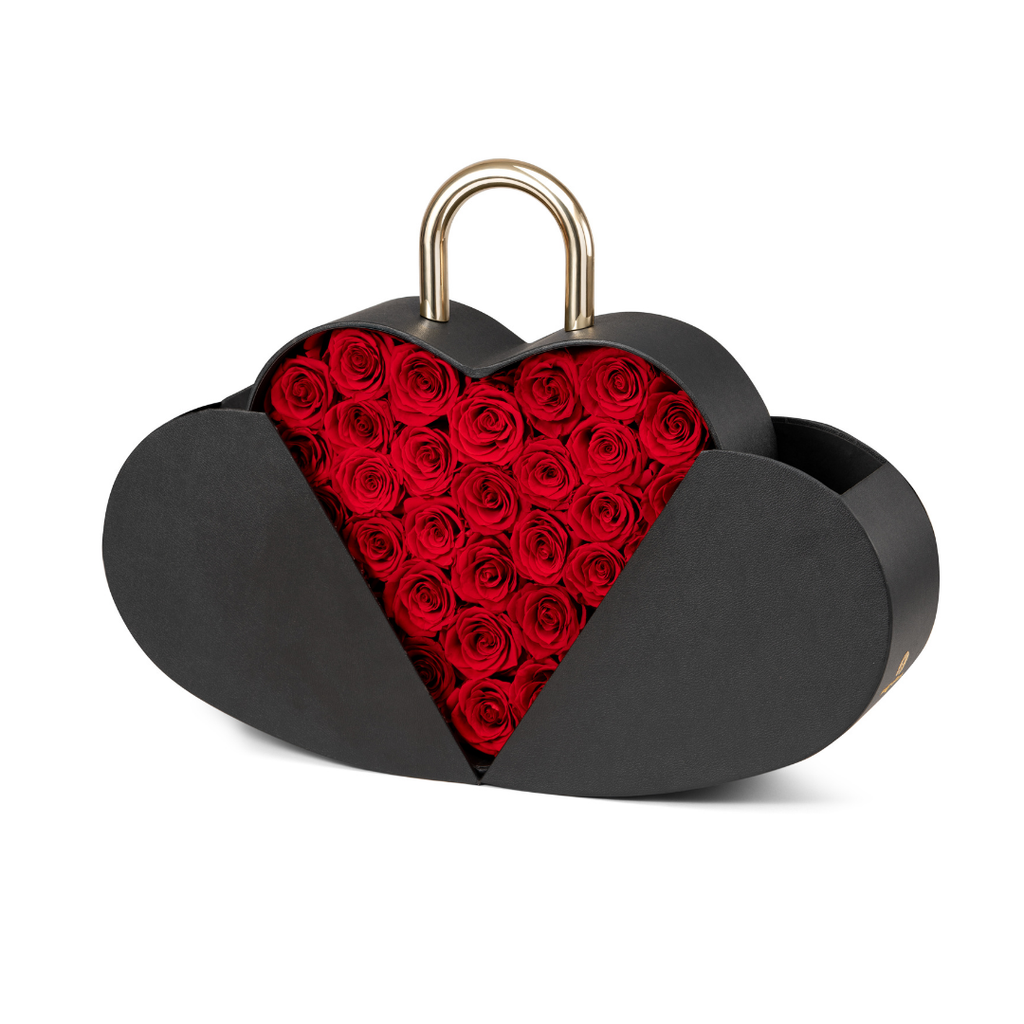 Open Heart Box Dubai black heart shaped gift box fully filled with preserved red roses