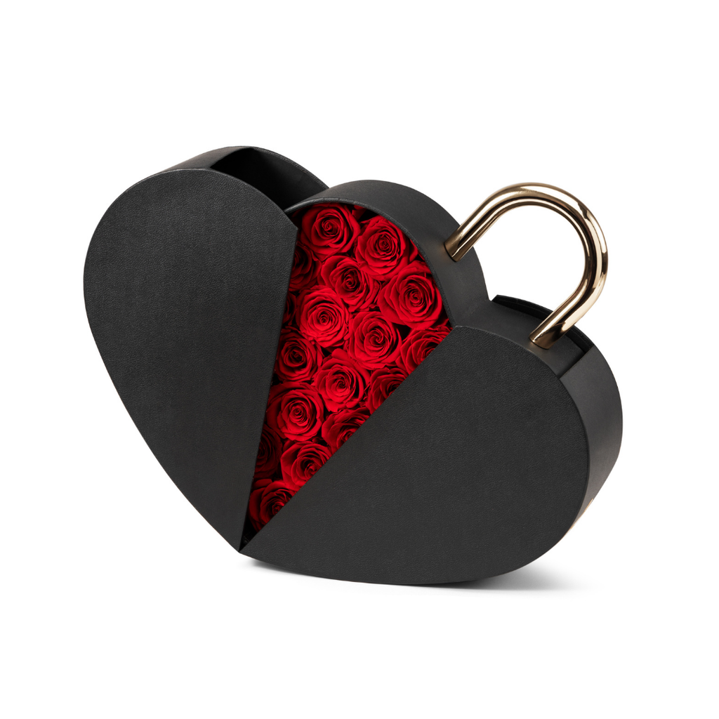 Open Heart Box Dubai black heart shaped rose box with gold padlock handle, filled with preserved roses